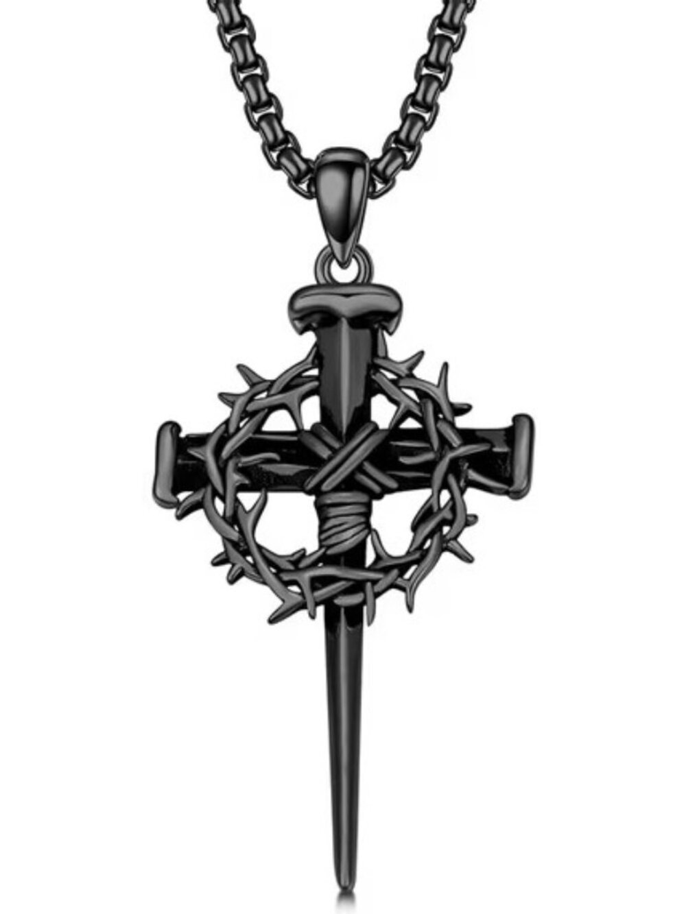 Black Christian Cross Nail Crown of Thorns Pendant Necklace Jesus Faith Religiou